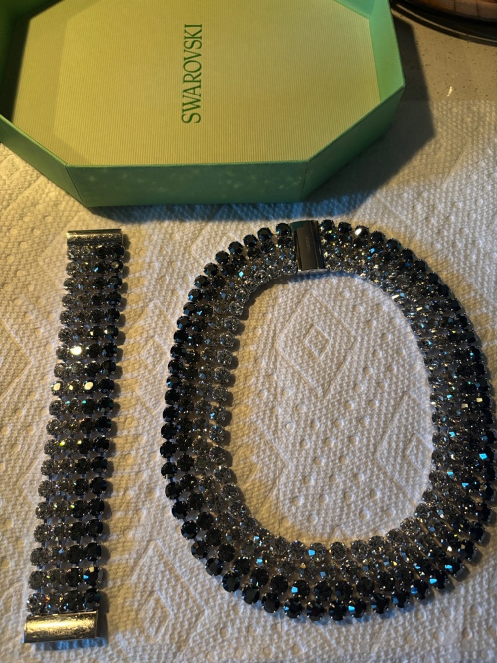 Authentic Signed Swarovski Black Crystal Multi-Row Necklace and Bracelet Set.